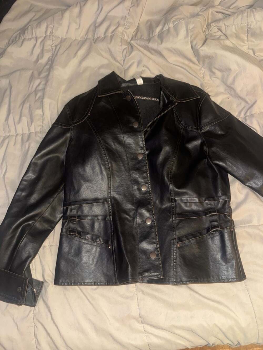 No Boundaries XL Faux Leather Button Down Fitted Jacket with Animal Print Trim